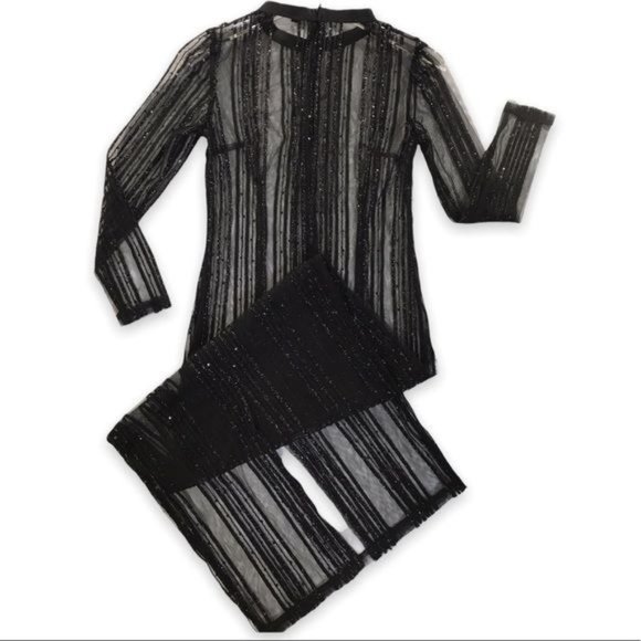 Black Sheer Mesh Sparkle Vertical Striped Maxi Dress | Gown - Picture 8 of 13